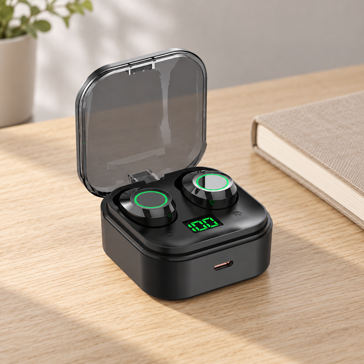 Écouteurs Bluetooth 5.3 YDmini avec boîtier, noirs, mise en situation