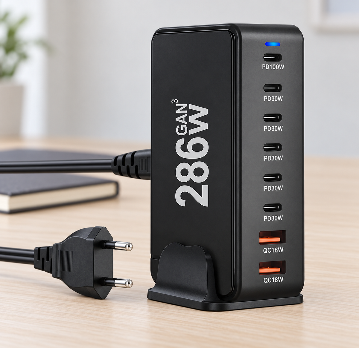Station de charge noire posée sur un bureau
