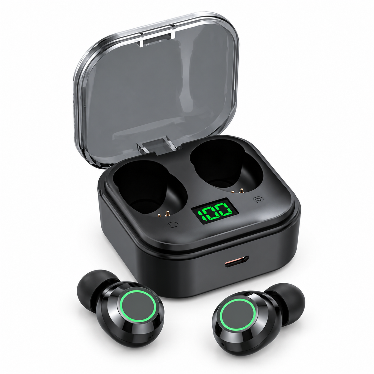 Écouteurs Bluetooth 5.3 YDmini avec boîtier, noirs, écouteurs et boîtier