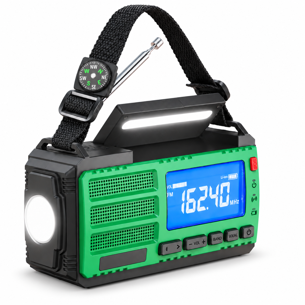 Radio AM/FM rechargeable avec éclairage et manivelle, vue principale