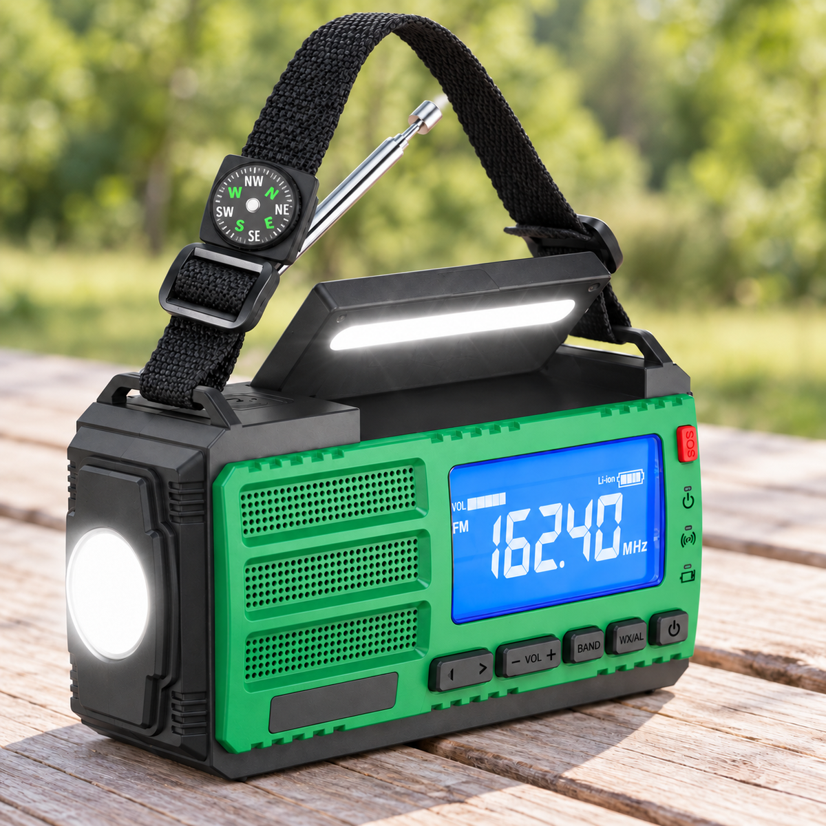 Radio AM/FM rechargeable avec éclairage et manivelle, mise en situation