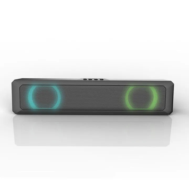 Enceinte Bluetooth A4 noire vue de face avec deux cercles lumineux