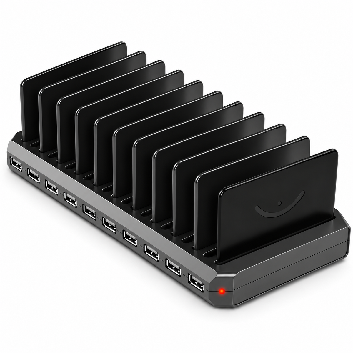 Station de charge USB noire à 10 emplacements, vue trois quarts sur fond blanc
