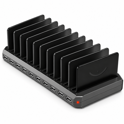 Station de charge USB noire à 10 emplacements, vue trois quarts sur fond blanc
