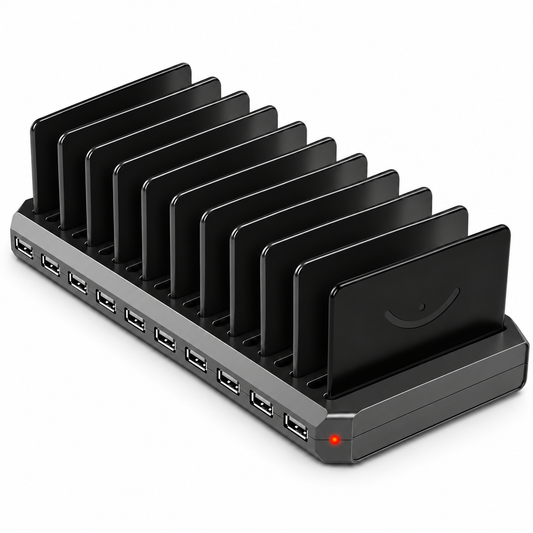 Station de charge USB noire à 10 emplacements, vue trois quarts sur fond blanc