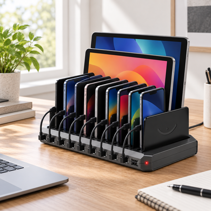 Station de charge noire avec plusieurs smartphones et deux tablettes sur un bureau