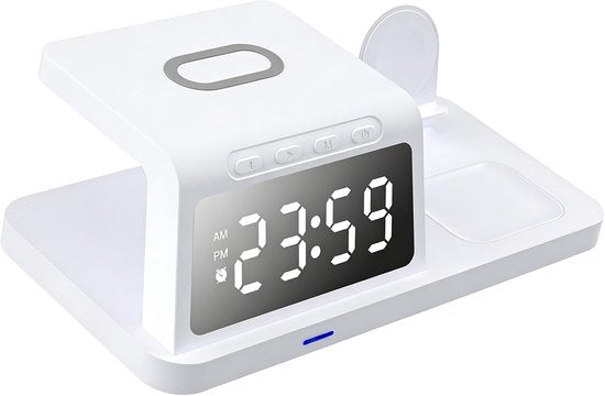 Station de charge sans fil blanche 3-en-1 avec horloge, vue principale