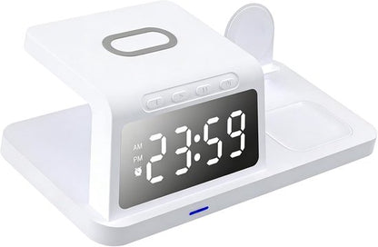 Station de charge sans fil blanche 3-en-1 avec horloge, vue principale