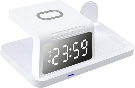 Station de charge sans fil blanche 3-en-1 avec horloge, vue principale