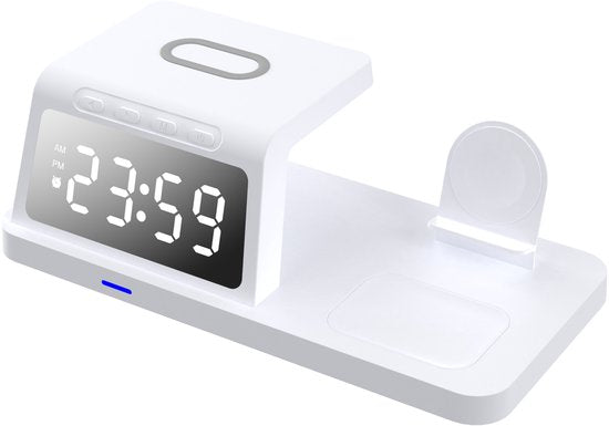 Station de charge sans fil blanche 3-en-1 avec horloge, vue de trois quarts