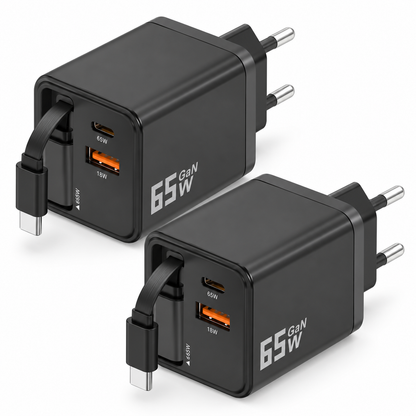 Lot de deux chargeurs GaN noirs 65 W avec prises européennes et câbles USB-C rétractables