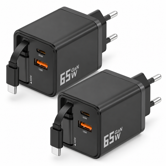 Lot de deux chargeurs GaN noirs 65 W avec prises européennes et câbles USB-C rétractables