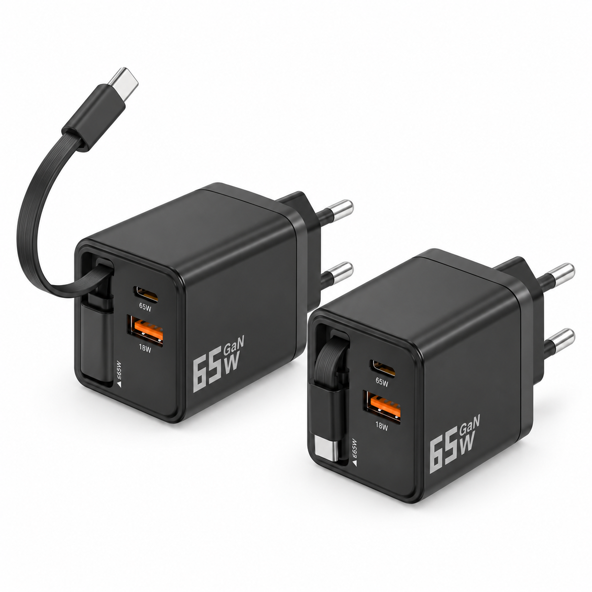 Deux chargeurs GaN noirs 65 W, dont un avec le câble USB-C rétractable déployé