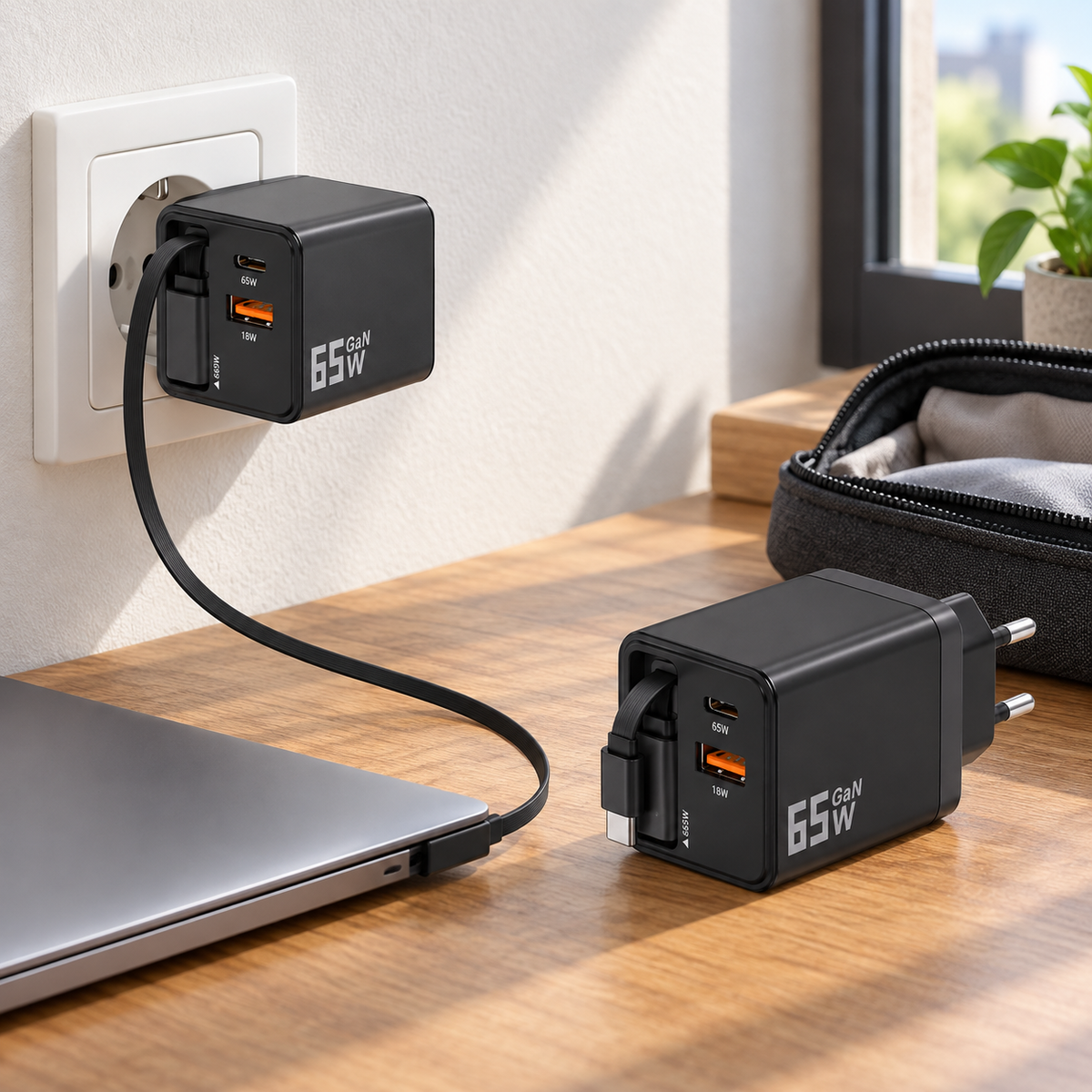 Deux chargeurs GaN noirs sur un bureau, dont un branché et relié à un ordinateur portable