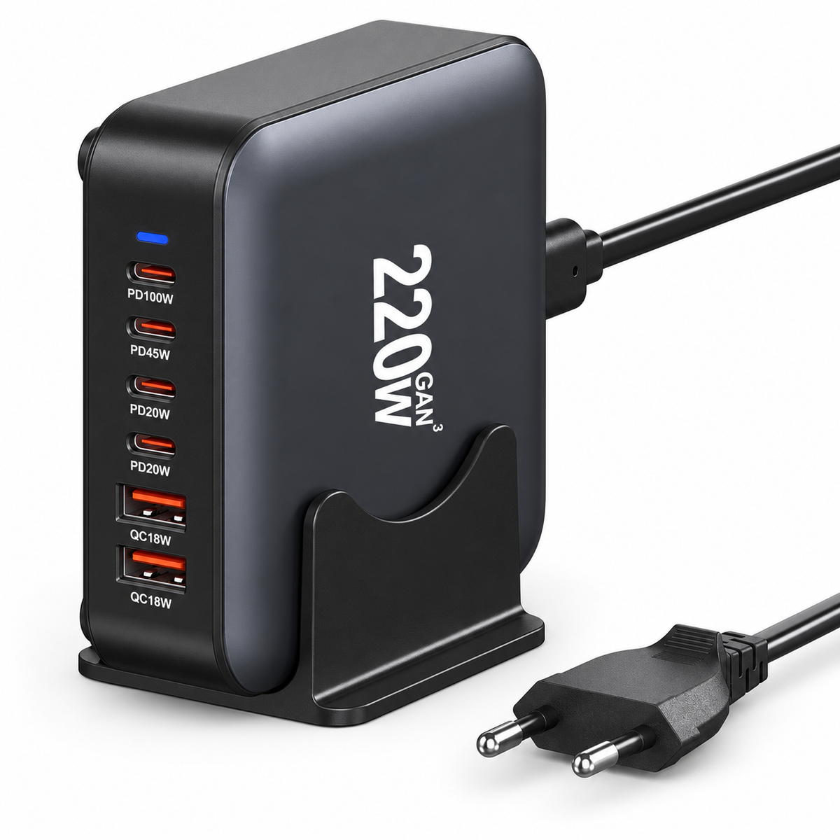 Station de charge GaN noire 220 W sur socle avec six ports et câble secteur