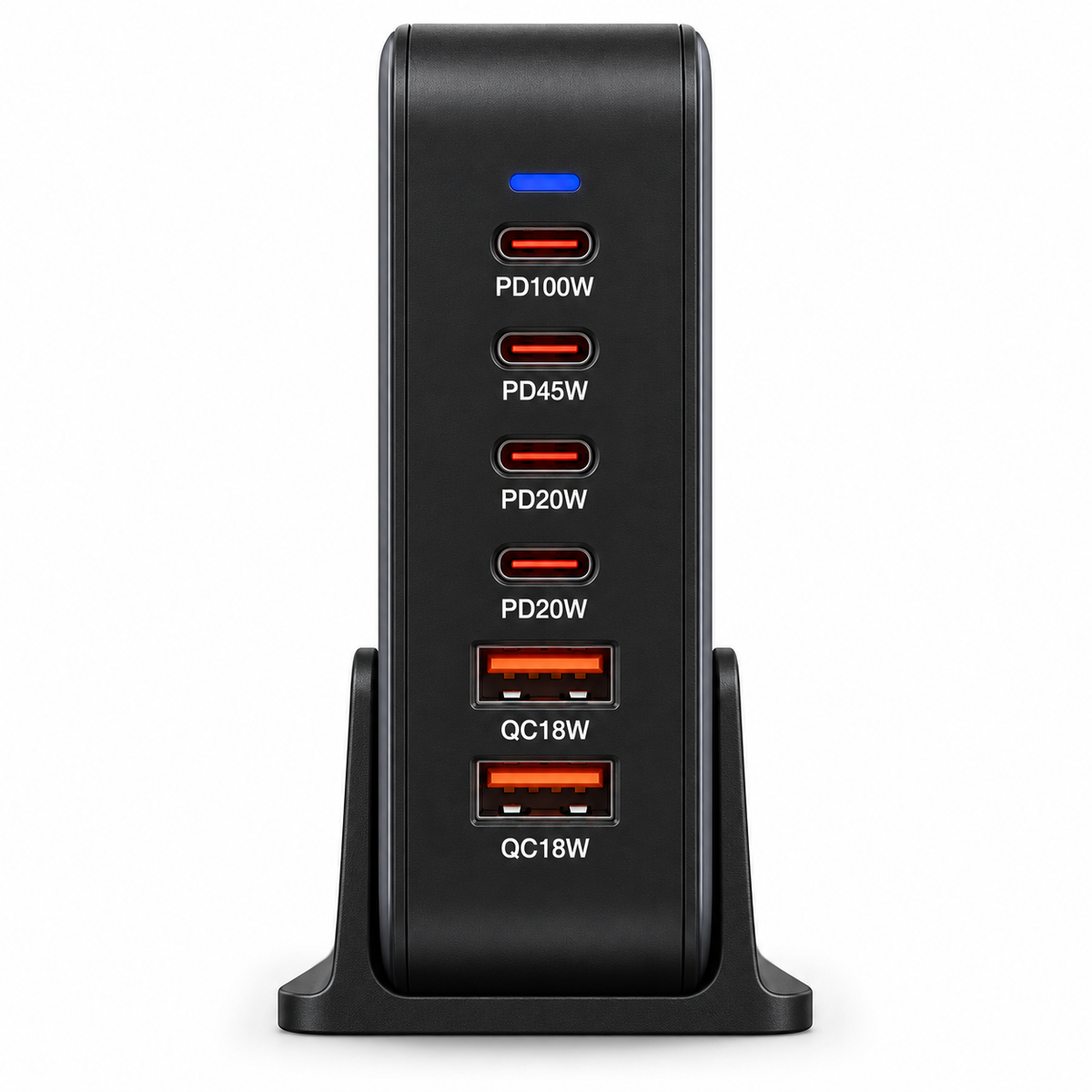 Vue de face des quatre ports USB-C et deux ports USB-A de la station de charge
