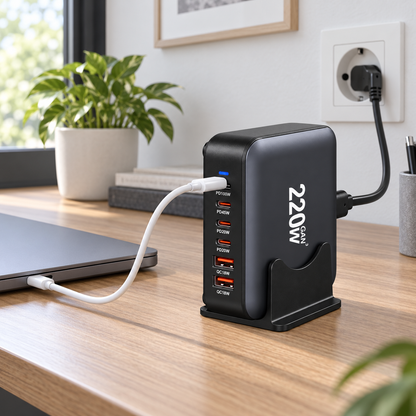 Station de charge GaN noire branchée et reliée à un ordinateur portable sur un bureau