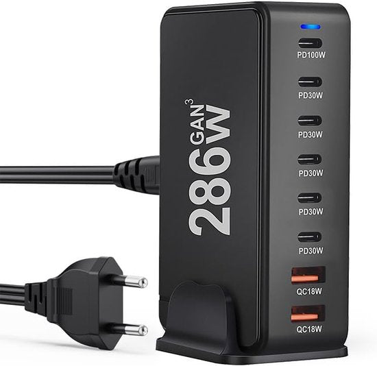 Station de charge noire à huit ports avec cordon et prise UE