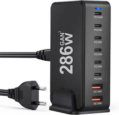 Station de charge noire à huit ports avec cordon et prise UE