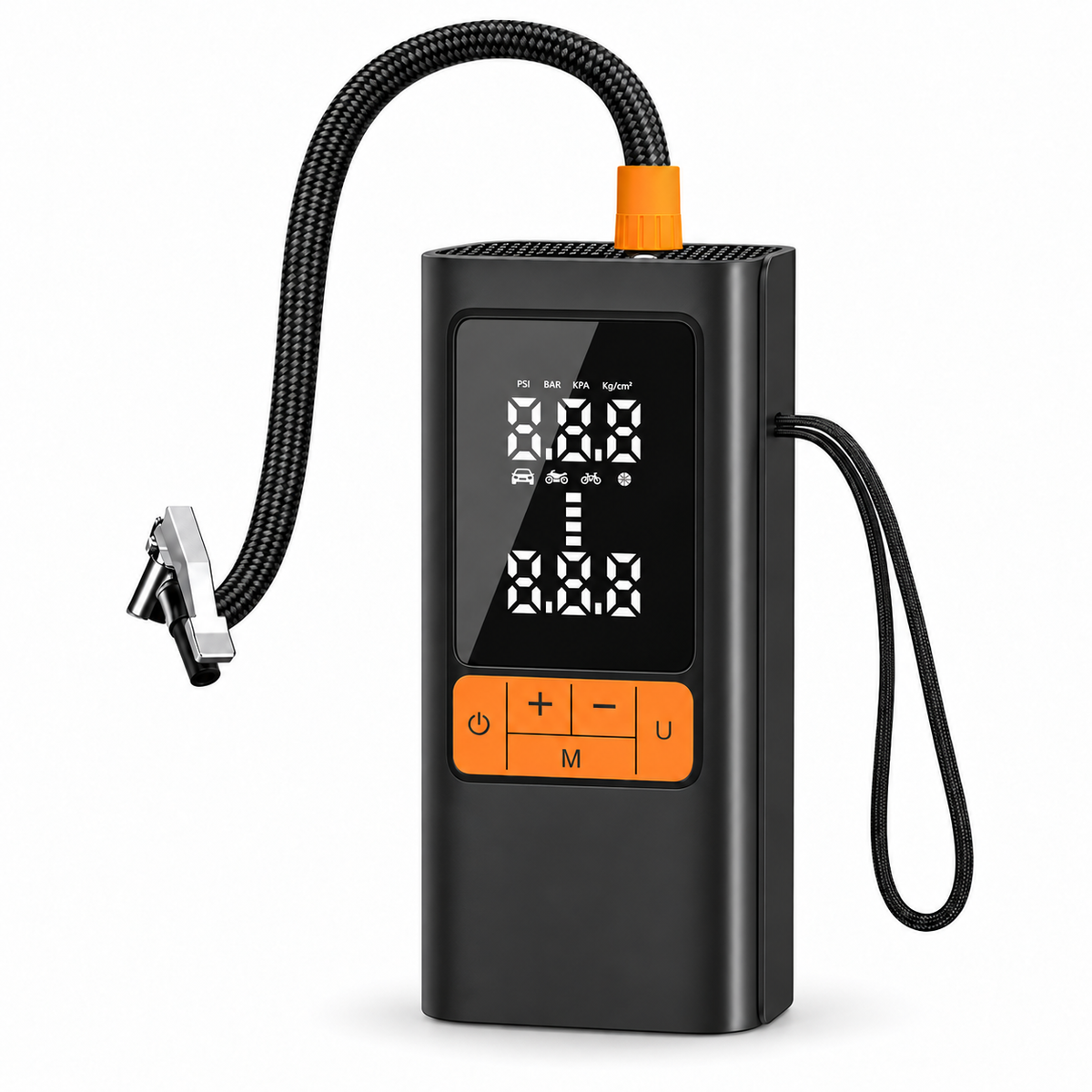 Compresseur portable noir et orange avec flexible et dragonne