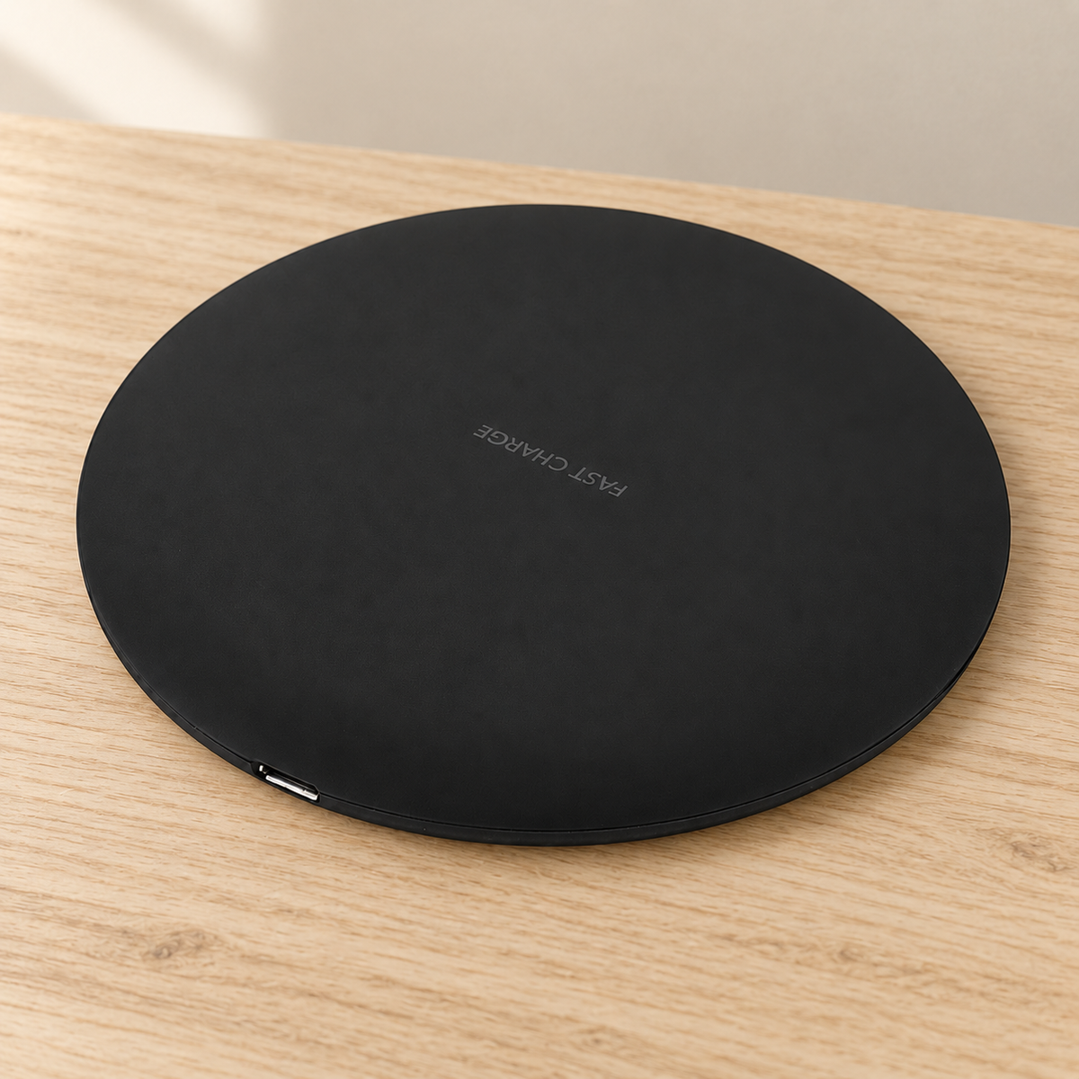 Chargeur sans fil rond noir posé sur un bureau