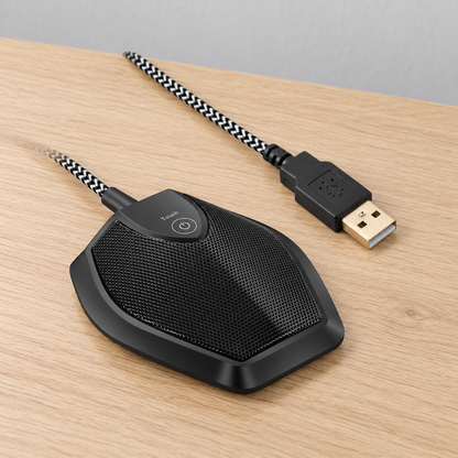 Microphone USB noir YRM-G11 et câble tressé posés sur un bureau en bois